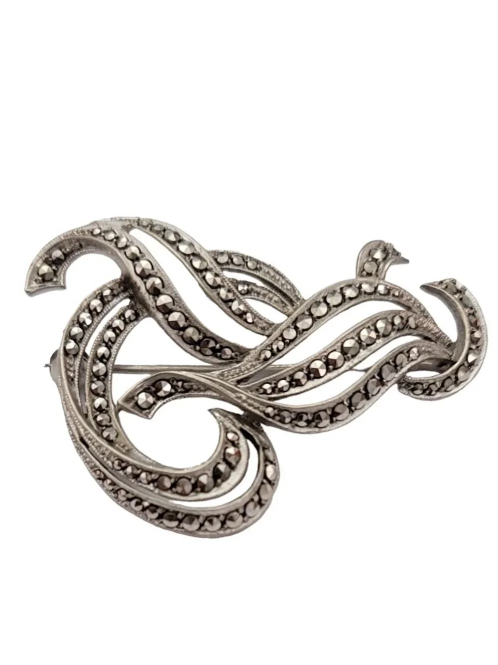 Sterling Silver Marcasite Ribbon Open Plume Brooch Pin K219